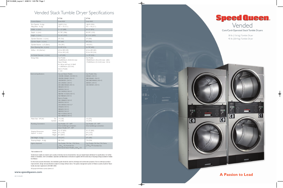 Vended, Vended stack tumble dryer specifications, A passion to lead | Coin/card-operated stack tumble dryers | Speed Queen Clothes Dryer User Manual | Page 4 / 4