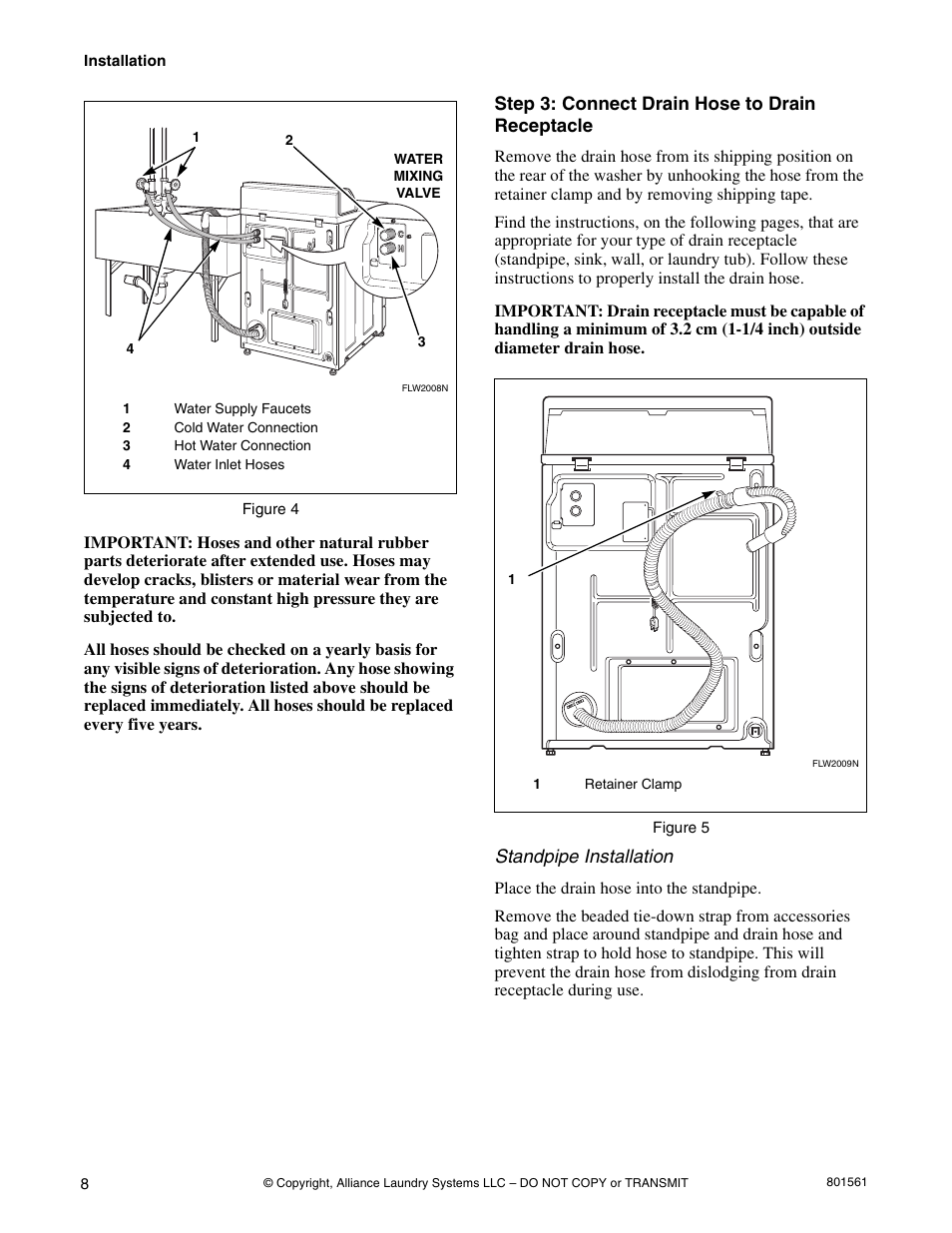 Step 3: connect drain hose to drain receptacle, Standpipe installation | Speed Queen H3 User Manual | Page 10 / 42