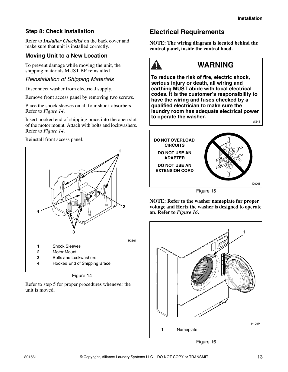 Warning, Electrical requirements | Speed Queen H3 User Manual | Page 15 / 42