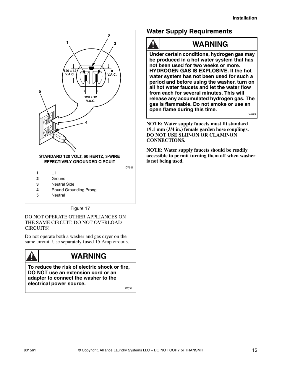 Warning, Water supply requirements | Speed Queen H3 User Manual | Page 17 / 42