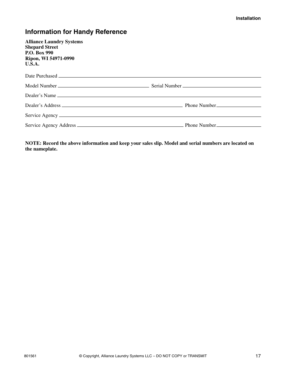 Information for handy reference | Speed Queen H3 User Manual | Page 19 / 42