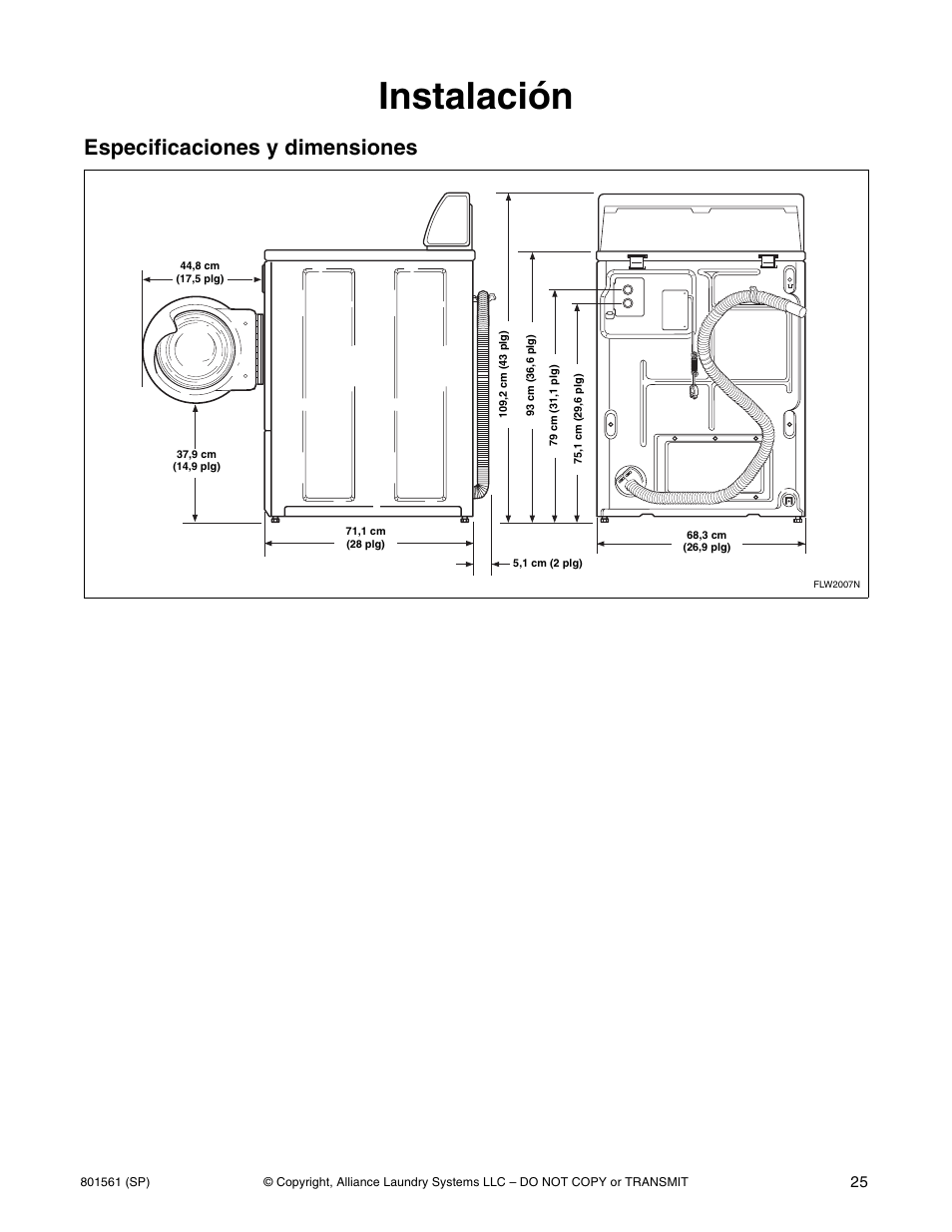 Instalación, Especificaciones y dimensiones | Speed Queen H3 User Manual | Page 27 / 42