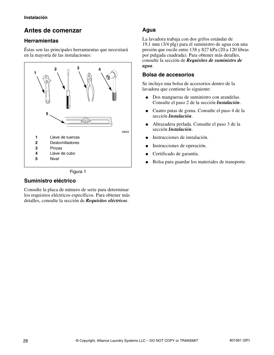 Antes de comenzar, Herramientas, Suministro eléctrico | Agua, Bolsa de accesorios | Speed Queen H3 User Manual | Page 28 / 42