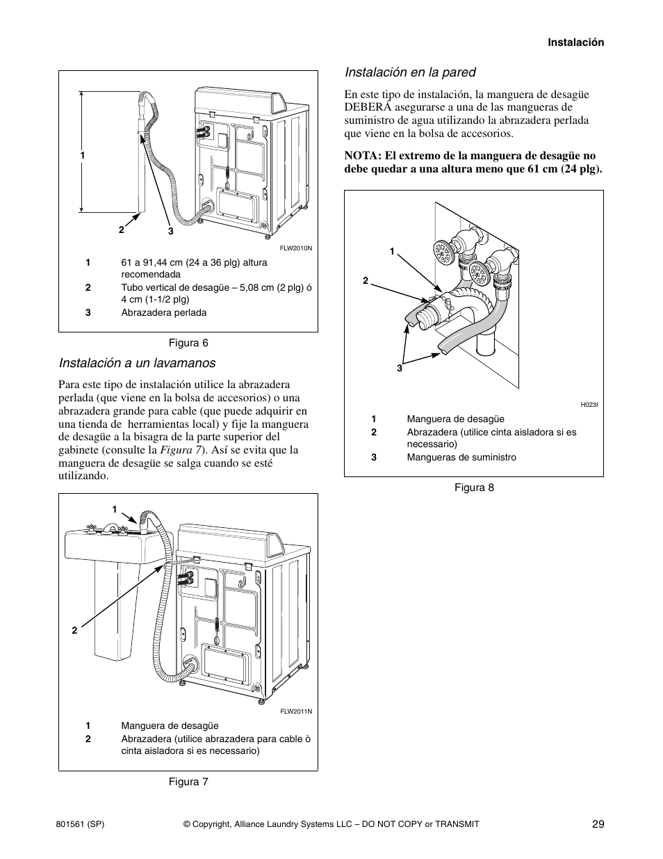 Instalación a un lavamanos, Instalación en la pared | Speed Queen H3 User Manual | Page 31 / 42