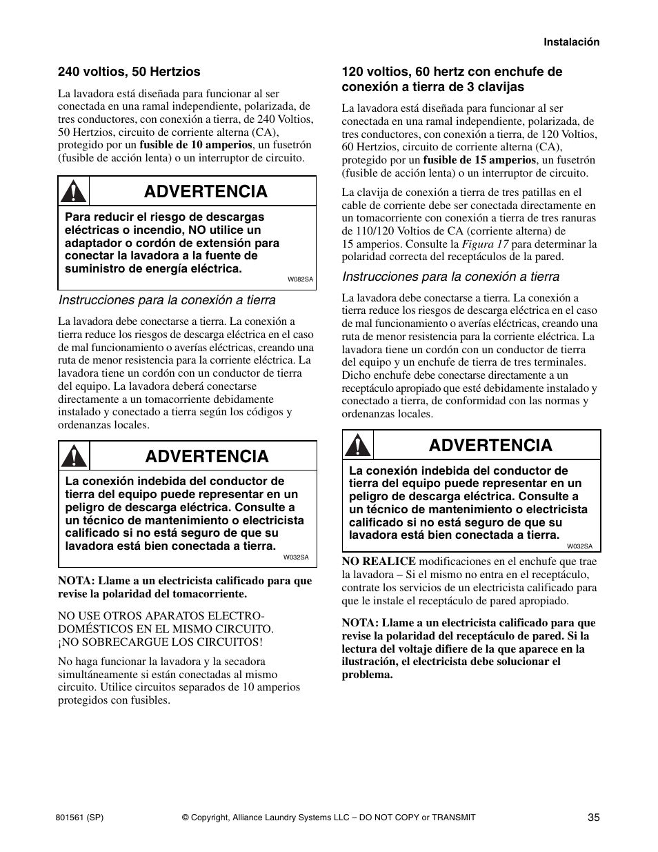 Advertencia | Speed Queen H3 User Manual | Page 37 / 42