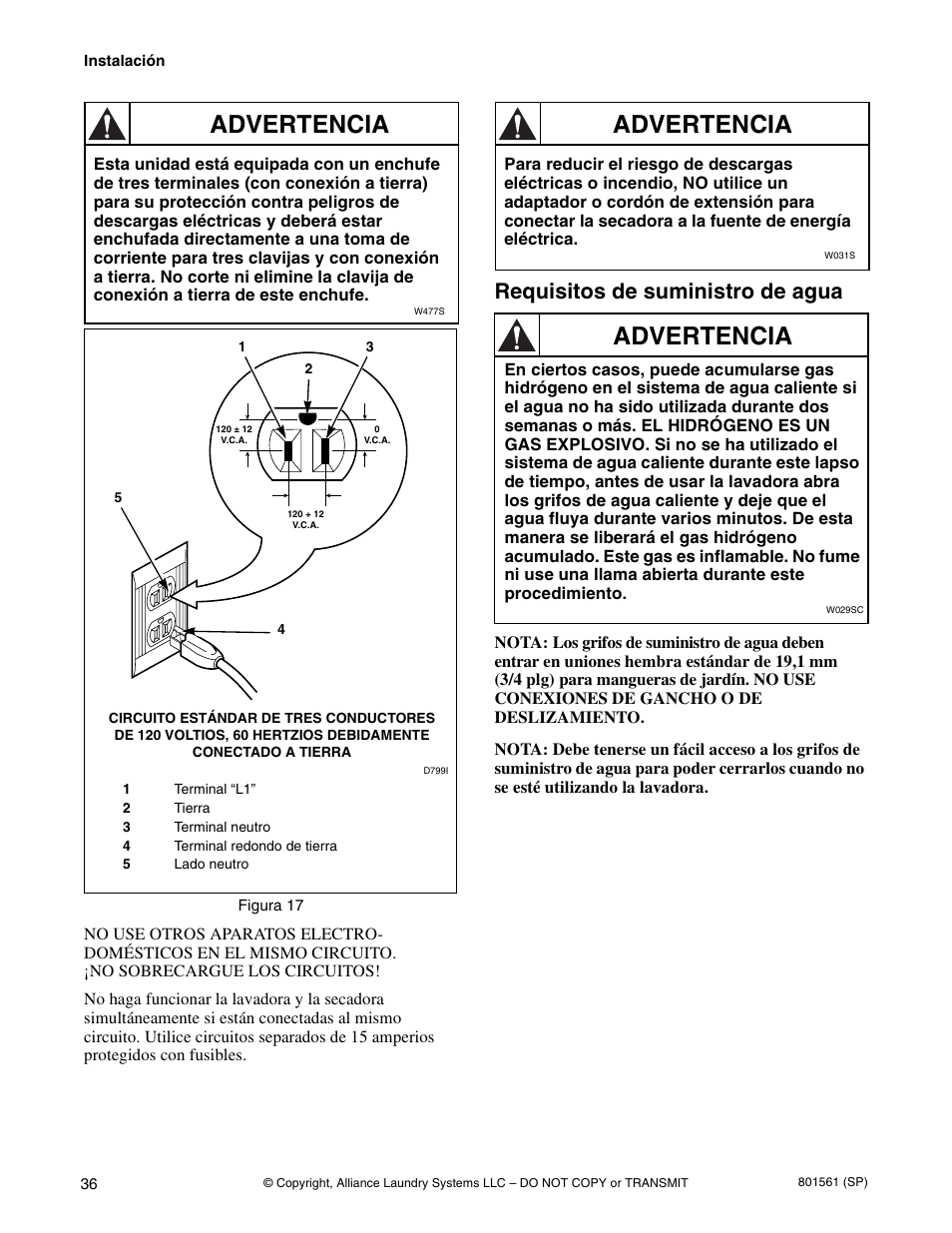 Advertencia, Requisitos de suministro de agua | Speed Queen H3 User Manual | Page 38 / 42