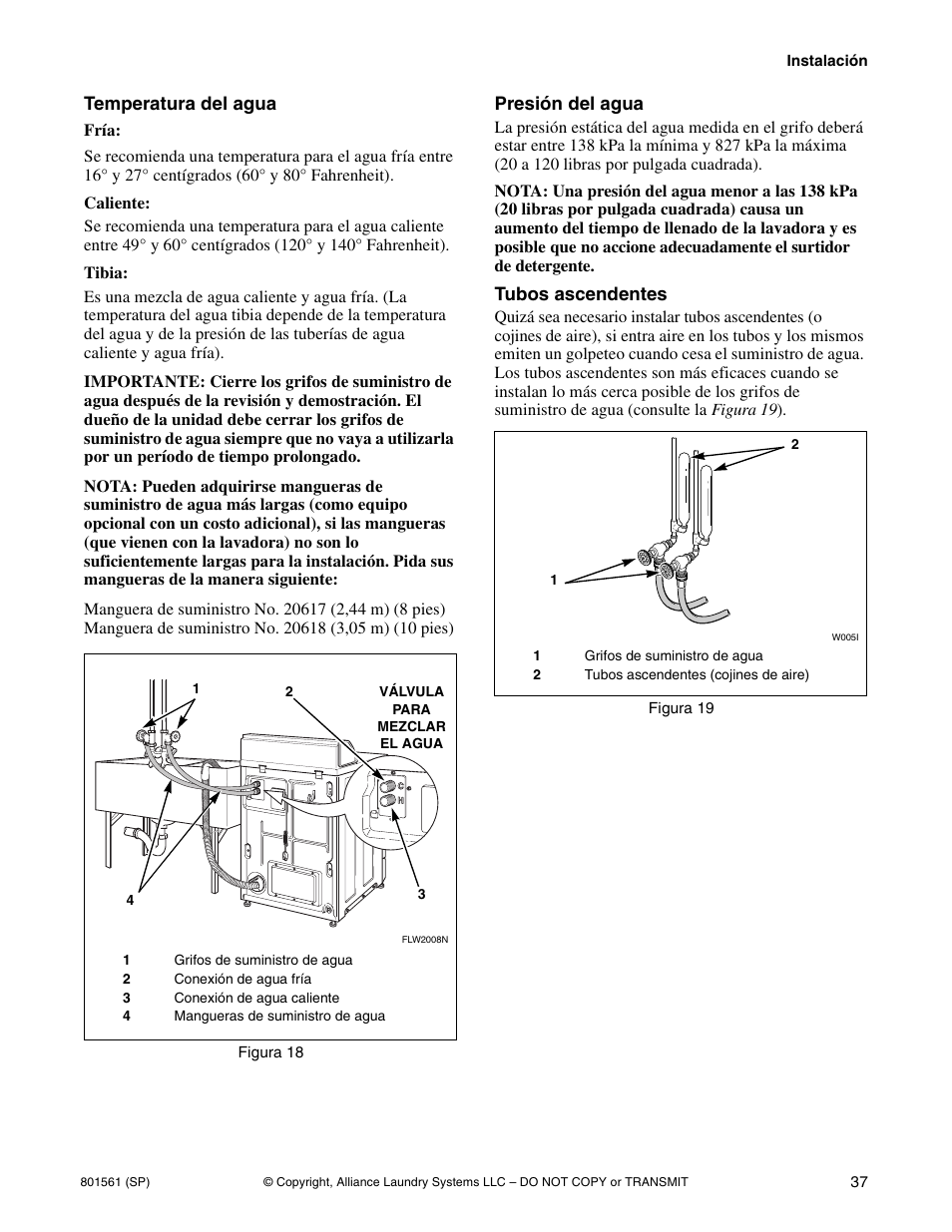 Temperatura del agua, Presión del agua, Tubos ascendentes | Speed Queen H3 User Manual | Page 39 / 42