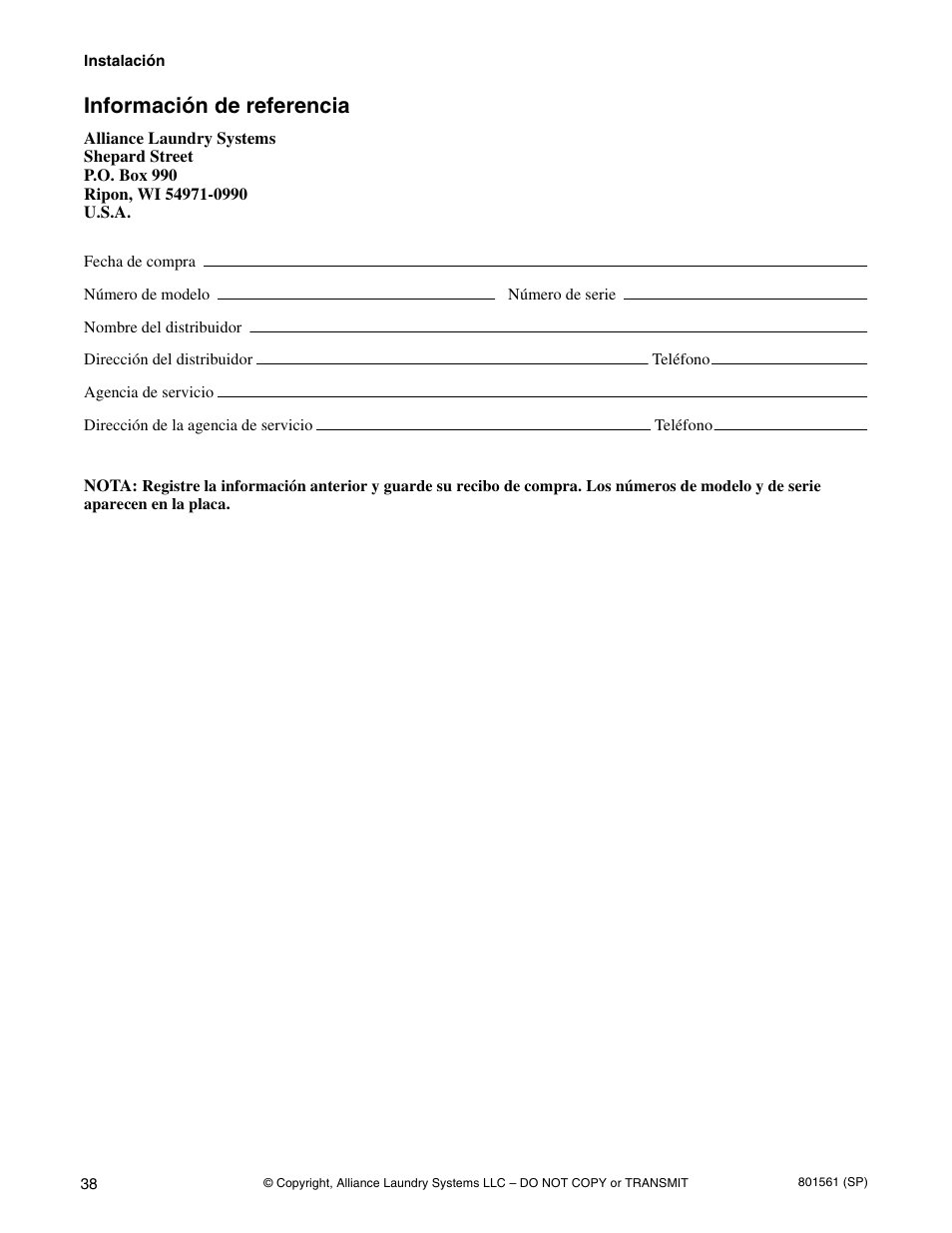 Información de referencia | Speed Queen H3 User Manual | Page 40 / 42