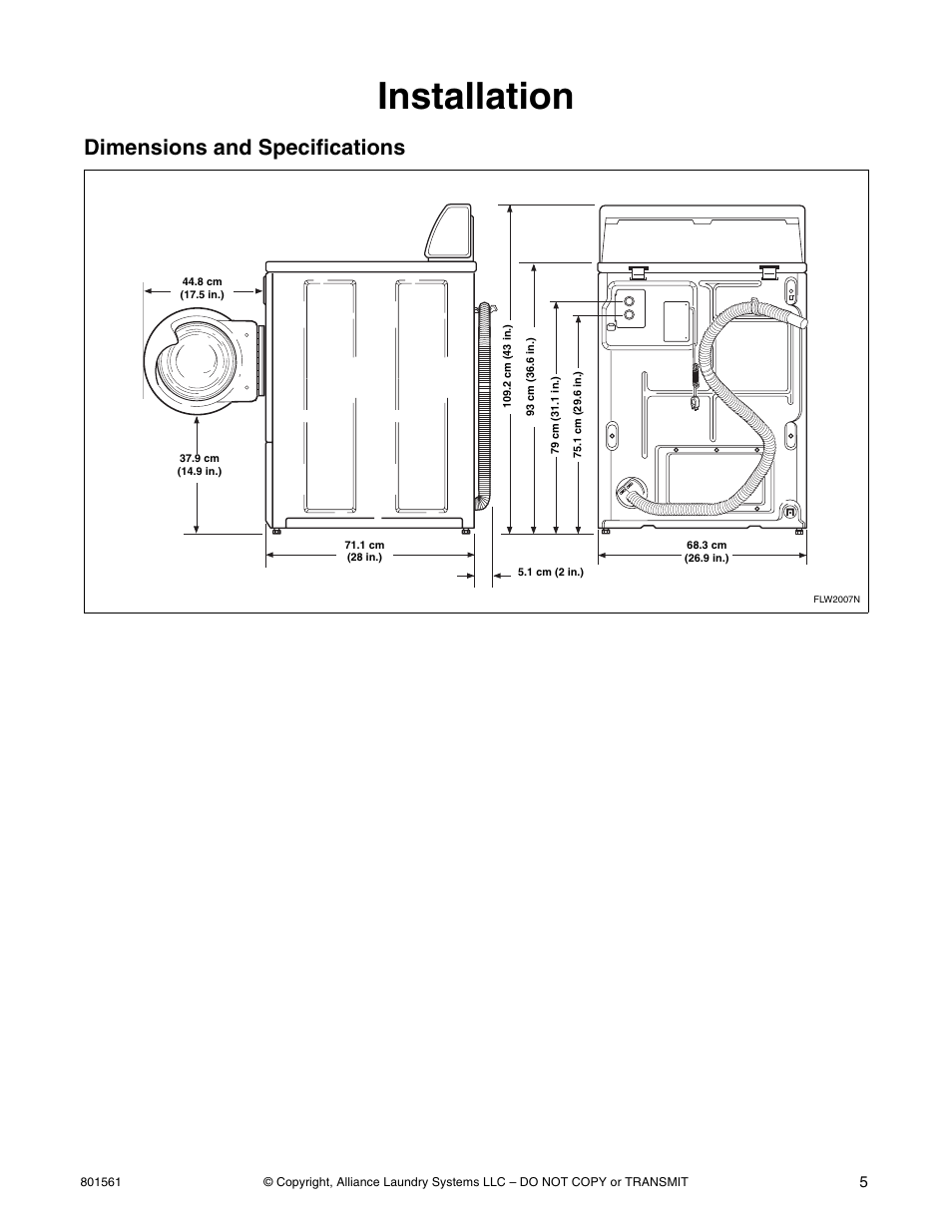 Installation, Dimensions and specifications | Speed Queen H3 User Manual | Page 7 / 42