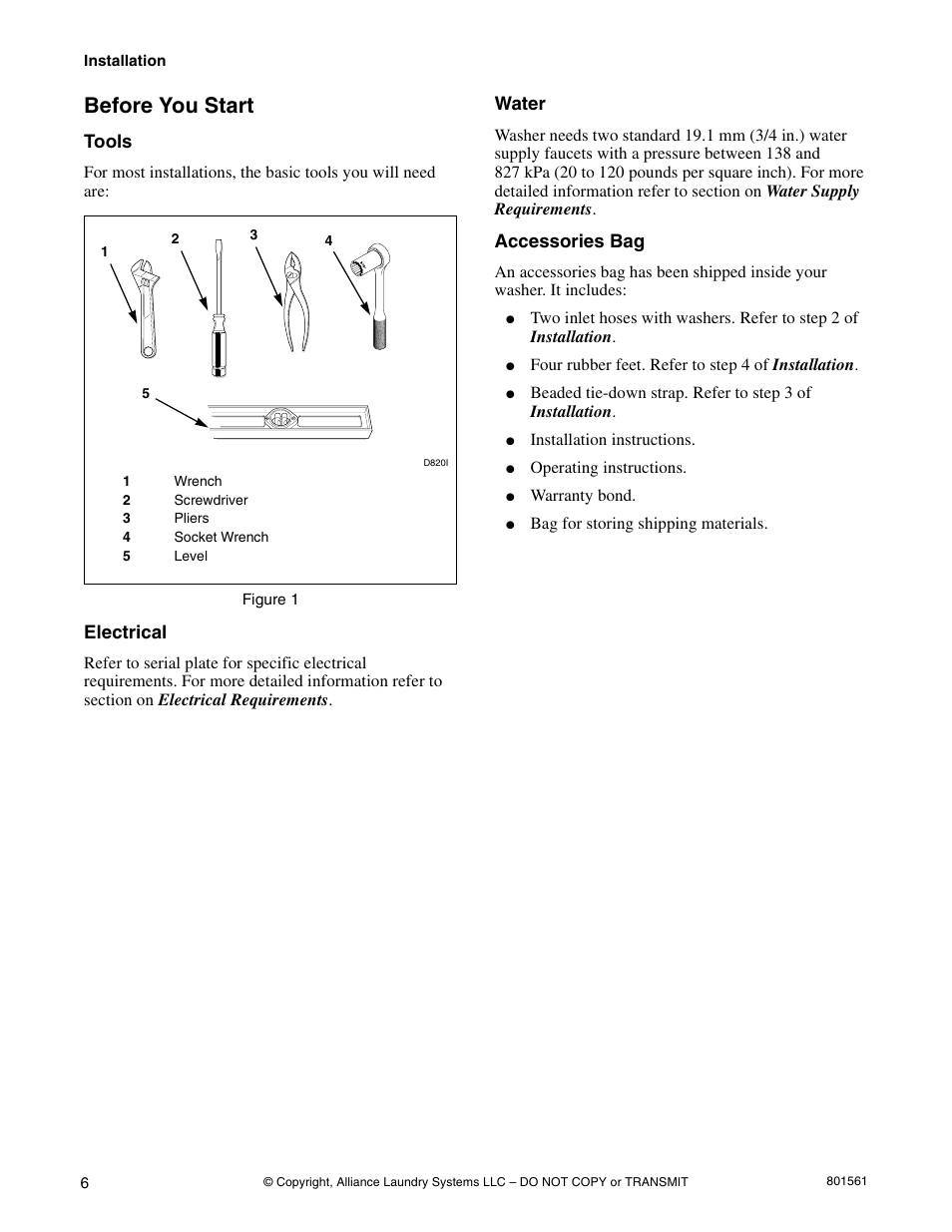 Before you start, Tools, Electrical | Water, Accessories bag | Speed Queen H3 User Manual | Page 8 / 42