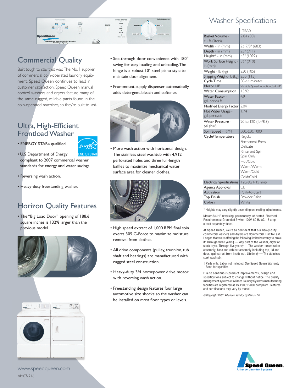 Washer specifications commercial quality, Ultra, high-efficient frontload washer, Horizon quality features | Speed Queen LTSAO User Manual | Page 2 / 2