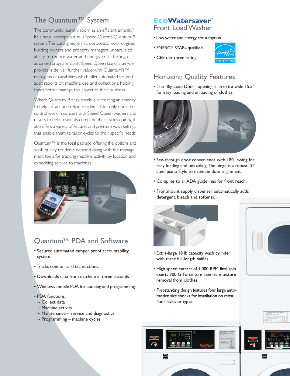 Front load washer, Horizon, Quality features | The quantum™ system, Quantum, Pda and software | Speed Queen Washer/Dryer User Manual | Page 2 / 4