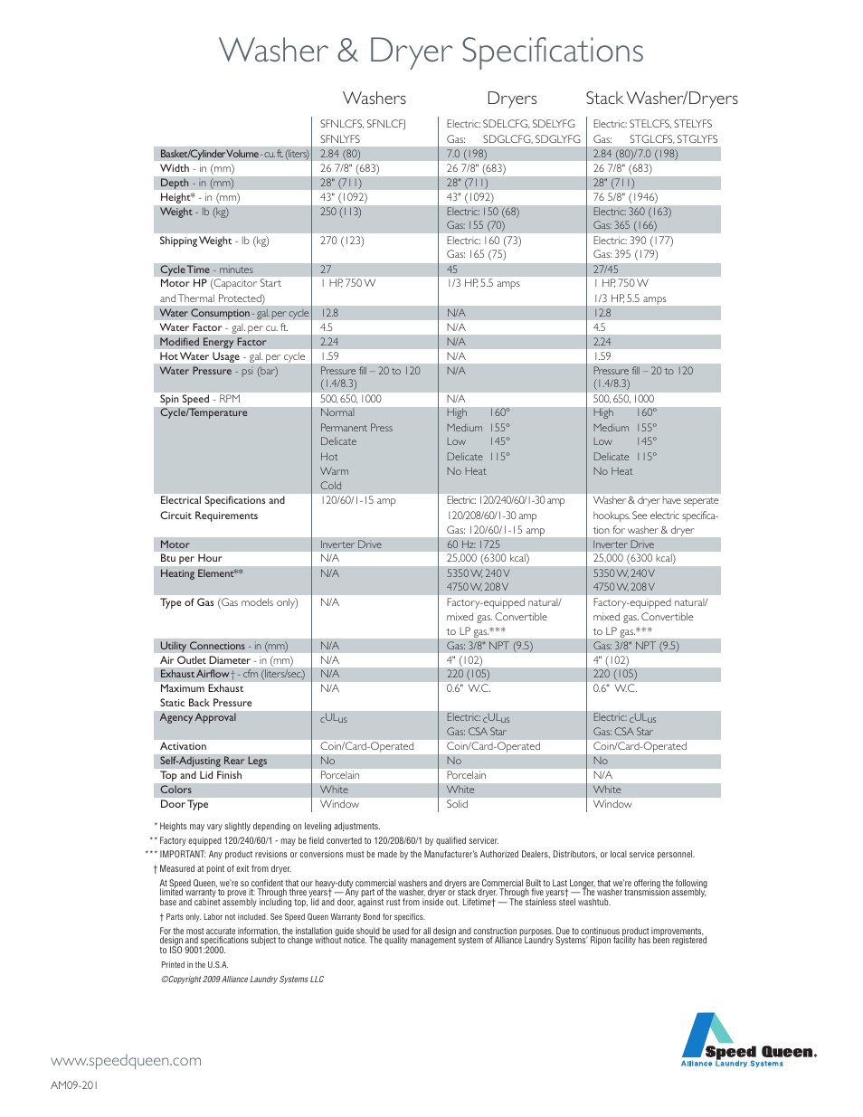 Washer & dryer specifications, Washers dryers stack washer/dryers | Speed Queen Washer/Dryer User Manual | Page 4 / 4