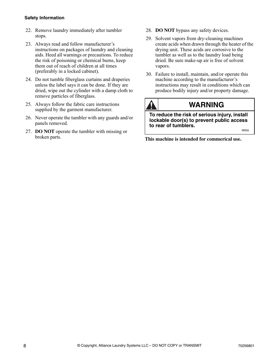 Remove laundry immediately after tumbler stops, Do not bypass any safety devices, Warning | Speed Queen Drying Tumblers none User Manual | Page 10 / 60