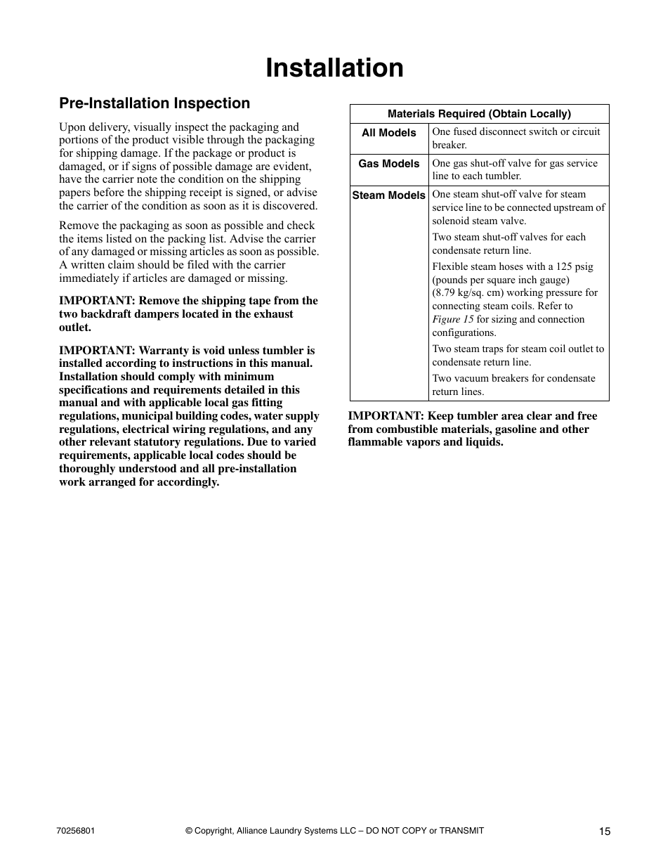 Installation, Pre-installation inspection | Speed Queen Drying Tumblers none User Manual | Page 17 / 60