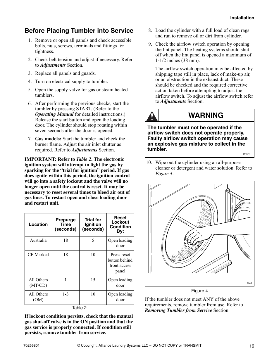 Before placing tumbler into service, Replace all panels and guards, Turn on electrical supply to tumbler | Table 2, Figure 4, Warning | Speed Queen Drying Tumblers none User Manual | Page 21 / 60