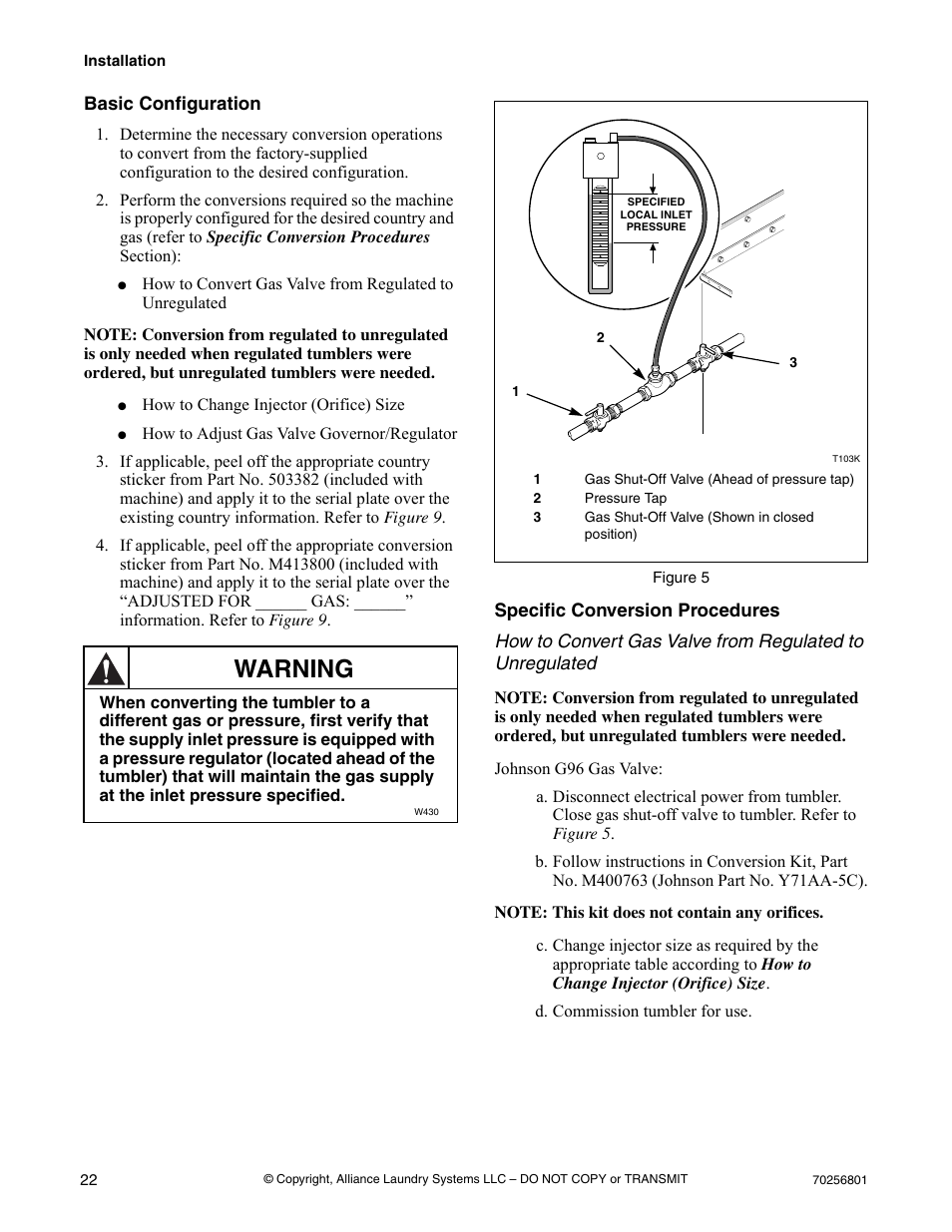 Basic configuration, Specified local inlet pressure, Figure 5 | Specific conversion procedures, D. commission tumbler for use, Basic configuration specific conversion procedures, Warning | Speed Queen Drying Tumblers none User Manual | Page 24 / 60