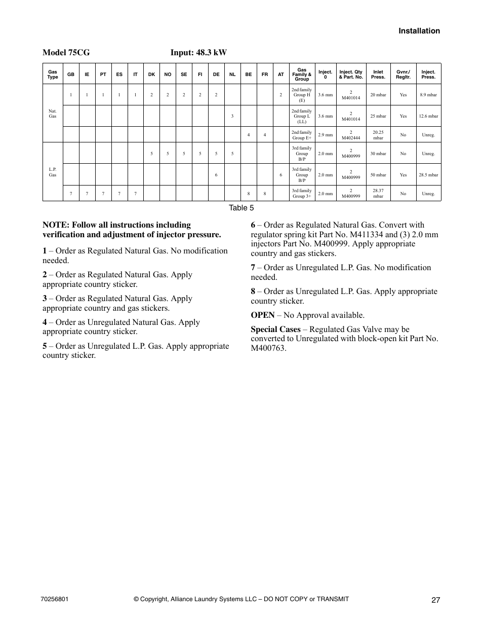 Table 5, Installation 27 | Speed Queen Drying Tumblers none User Manual | Page 29 / 60