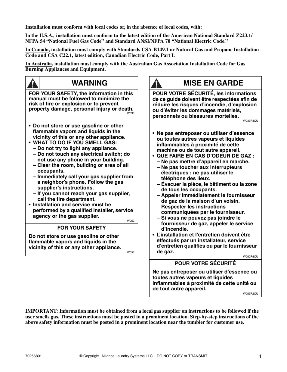 Warning, Mise en garde | Speed Queen Drying Tumblers none User Manual | Page 3 / 60