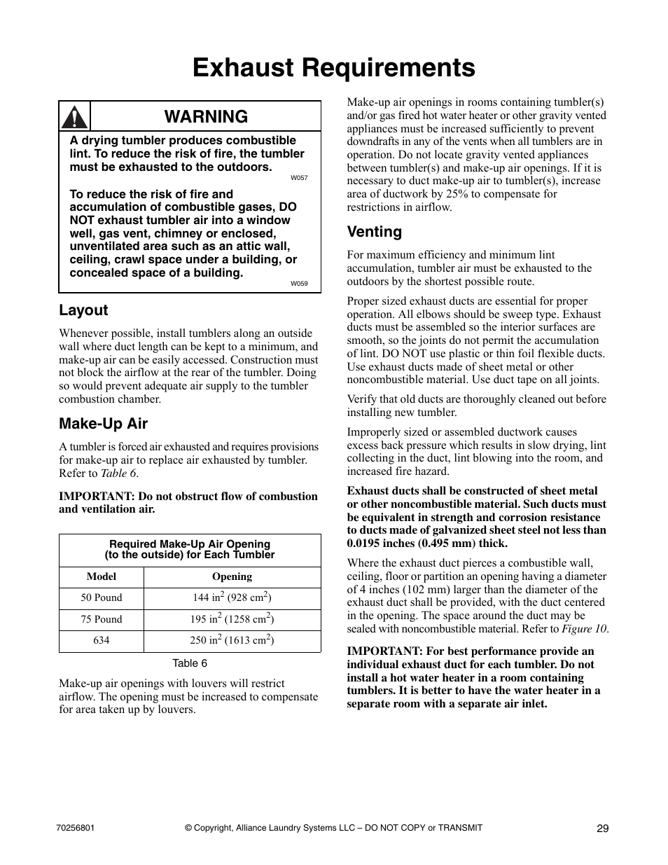 Exhaust requirements, Layout, Make-up air | Table 6, Venting, Layout make-up air venting, Warning | Speed Queen Drying Tumblers none User Manual | Page 31 / 60