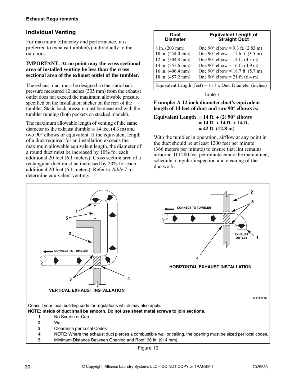 Individual venting, Table 7, Vertical exhaust installation | Figure 10 | Speed Queen Drying Tumblers none User Manual | Page 32 / 60