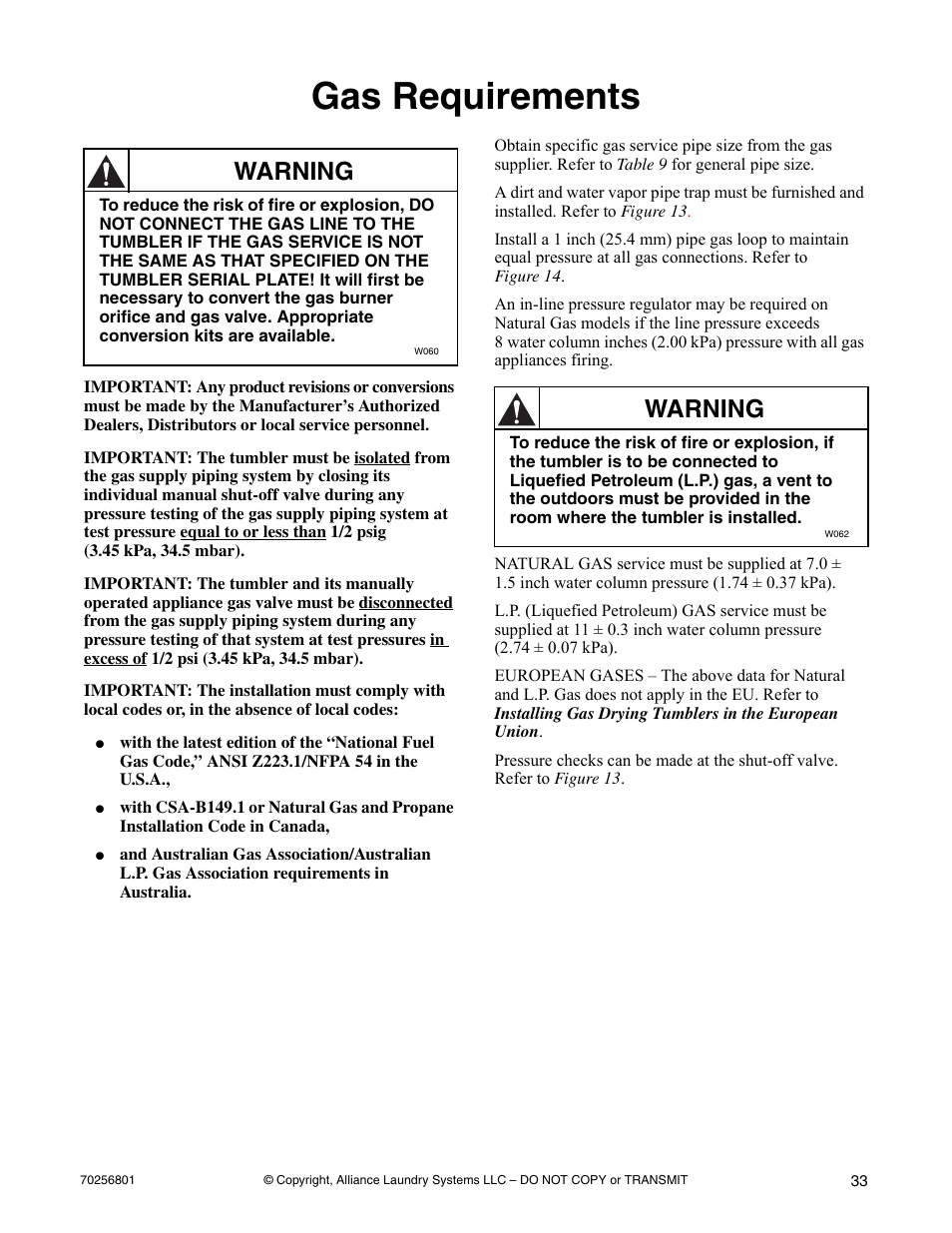 Gas requirements, Warning | Speed Queen Drying Tumblers none User Manual | Page 35 / 60