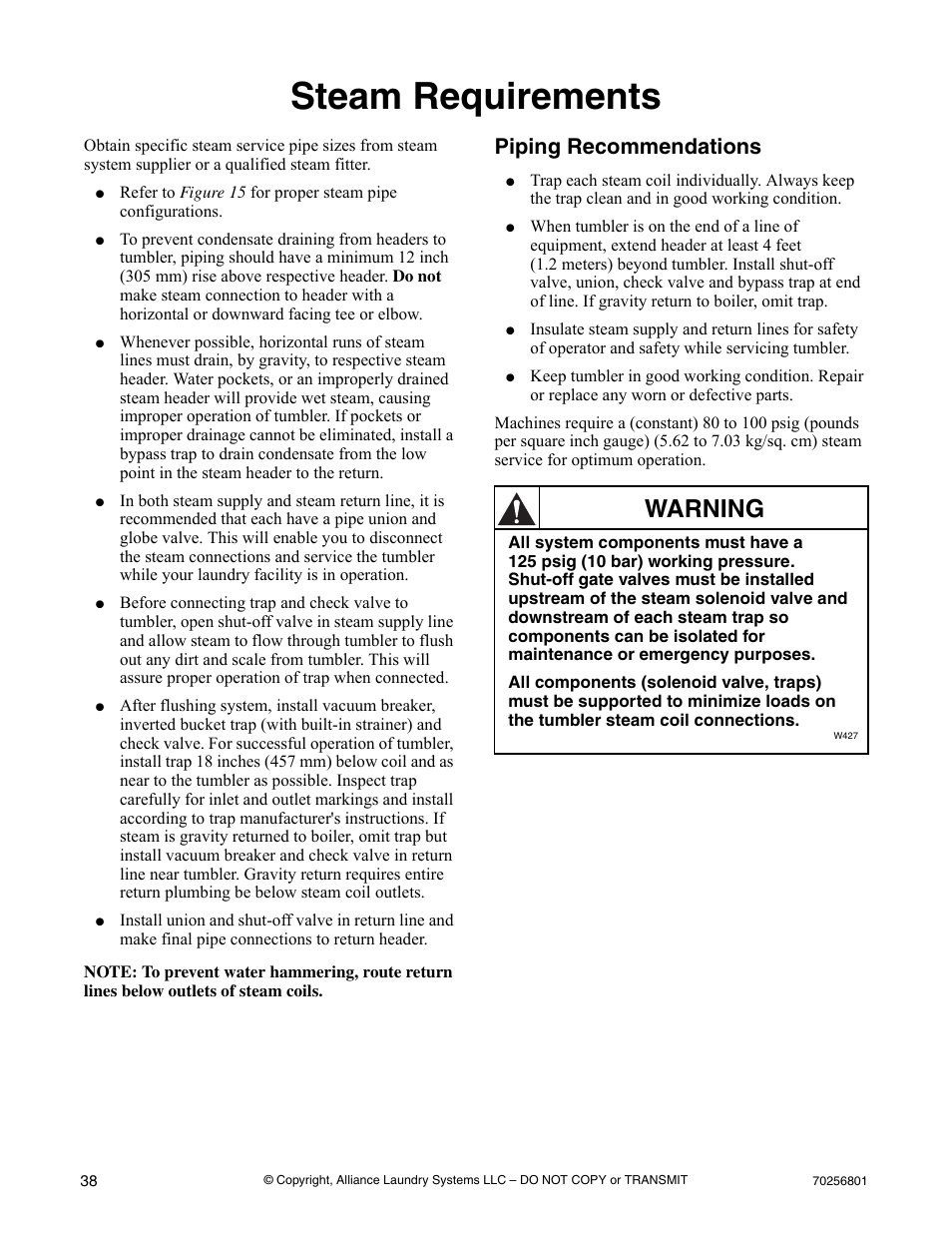 Steam requirements, Piping recommendations, Warning | Speed Queen Drying Tumblers none User Manual | Page 40 / 60
