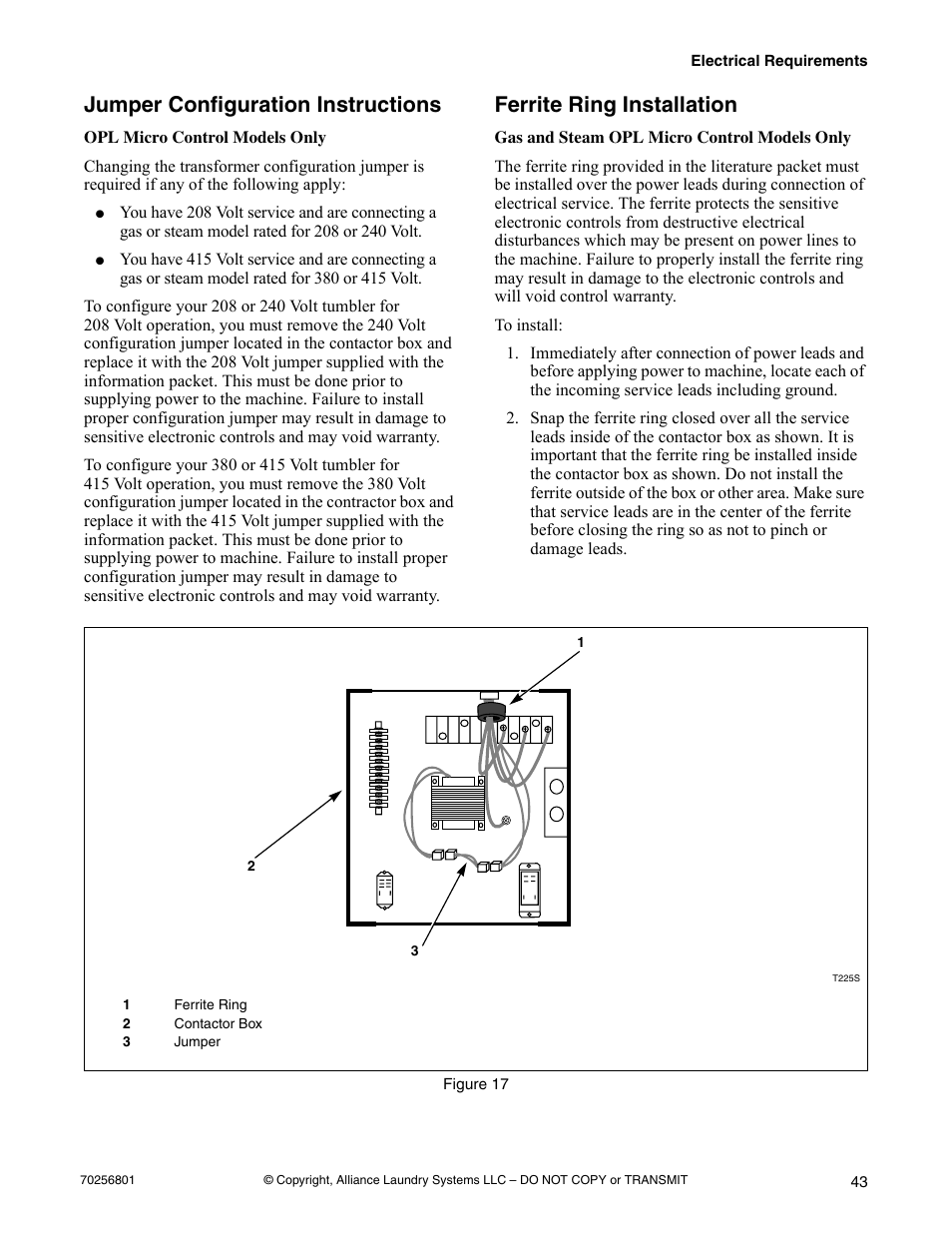 Jumper configuration instructions, Ferrite ring installation, Figure 17 | Speed Queen Drying Tumblers none User Manual | Page 45 / 60