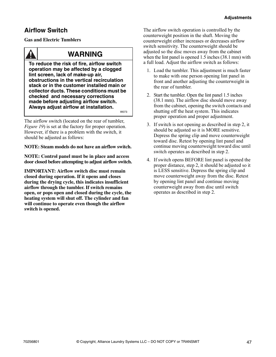 Airflow switch, Warning | Speed Queen Drying Tumblers none User Manual | Page 49 / 60