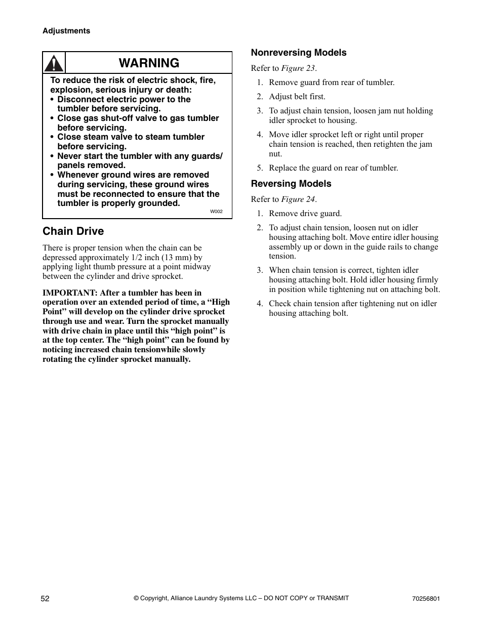 Chain drive, Nonreversing models, Remove guard from rear of tumbler | Adjust belt first, Replace the guard on rear of tumbler, Reversing models, Remove drive guard, Nonreversing models reversing models, Warning | Speed Queen Drying Tumblers none User Manual | Page 54 / 60