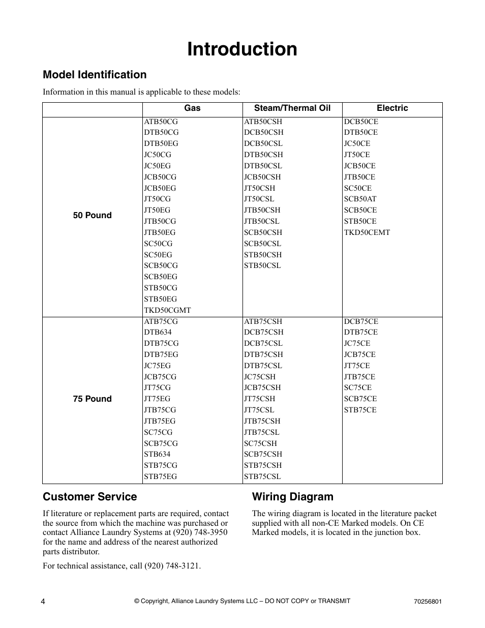 Introduction, Model identification, Customer service | Wiring diagram | Speed Queen Drying Tumblers none User Manual | Page 6 / 60