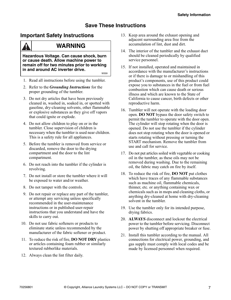 Save these instructions, Important safety instructions, Read all instructions before using the tumbler | Do not tamper with the controls, Always clean the lint filter daily, Warning | Speed Queen Drying Tumblers none User Manual | Page 9 / 60