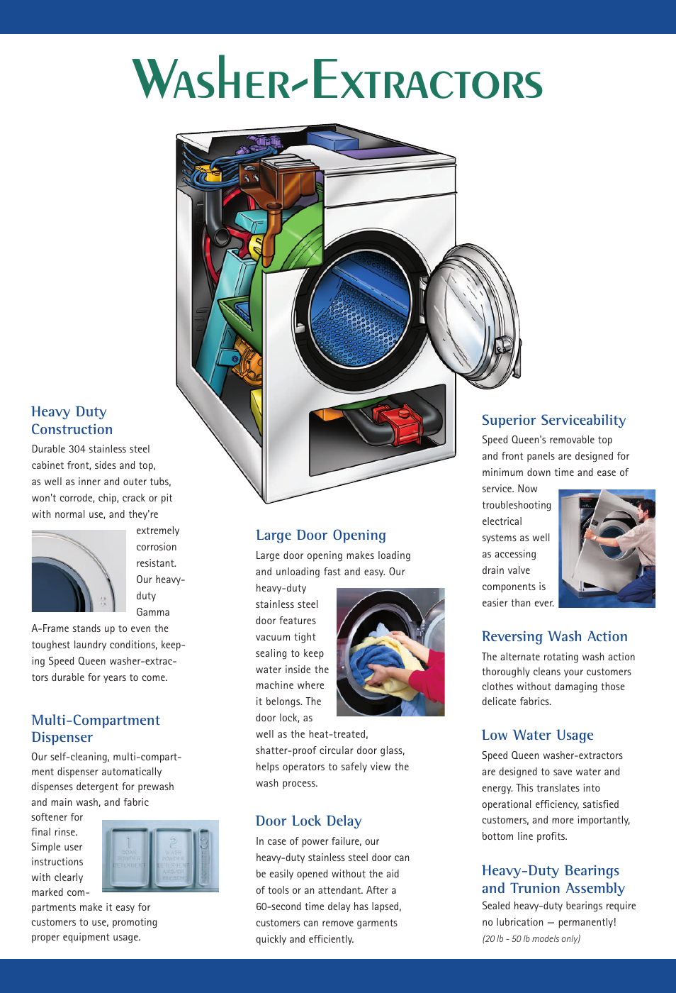 Washer-extractors, Multi-compartment dispenser, Reversing wash action low water usage | Superior serviceability, Heavy-duty bearings and trunion assembly, Large door opening door lock delay, Heavy duty construction | Speed Queen 20 lb User Manual | Page 3 / 6