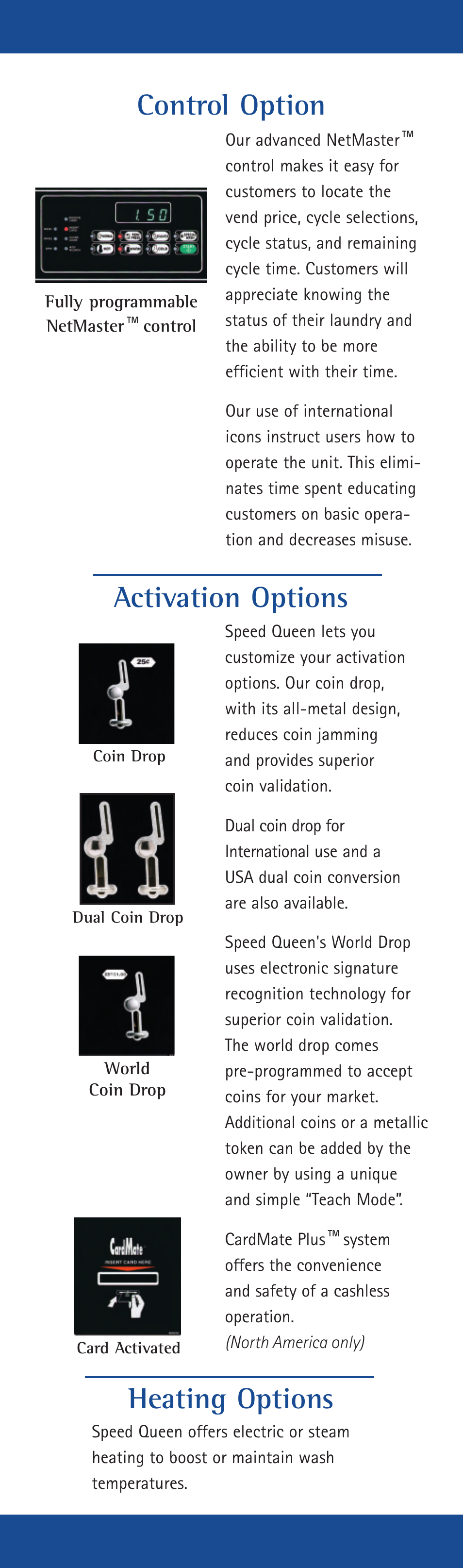 Control option, Heating options, Activation options | Speed Queen 20 lb User Manual | Page 4 / 6