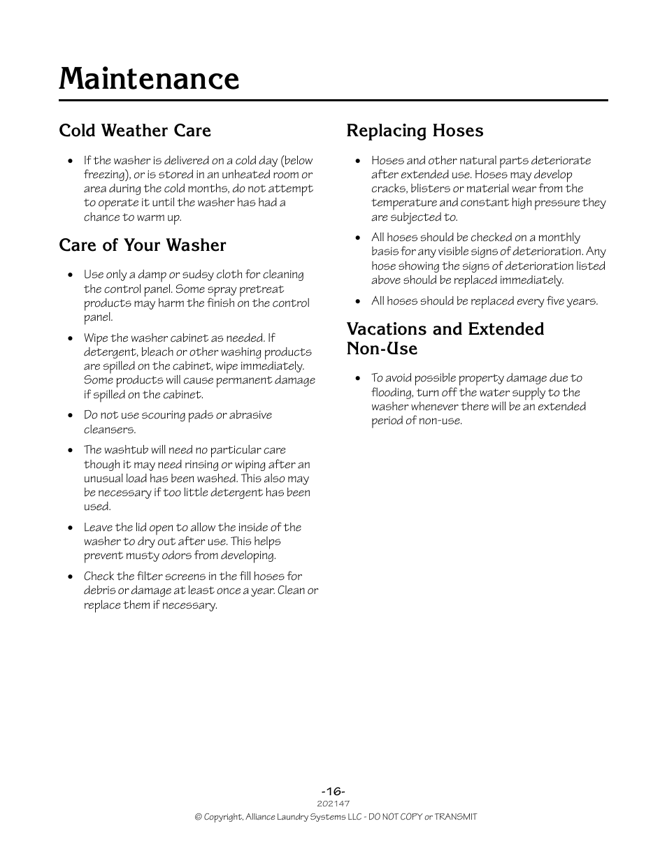 Maintenance, Cold weather care, Care of your washer | Replacing hoses, Vacations and extended non-use | Speed Queen 202147R2 User Manual | Page 16 / 21