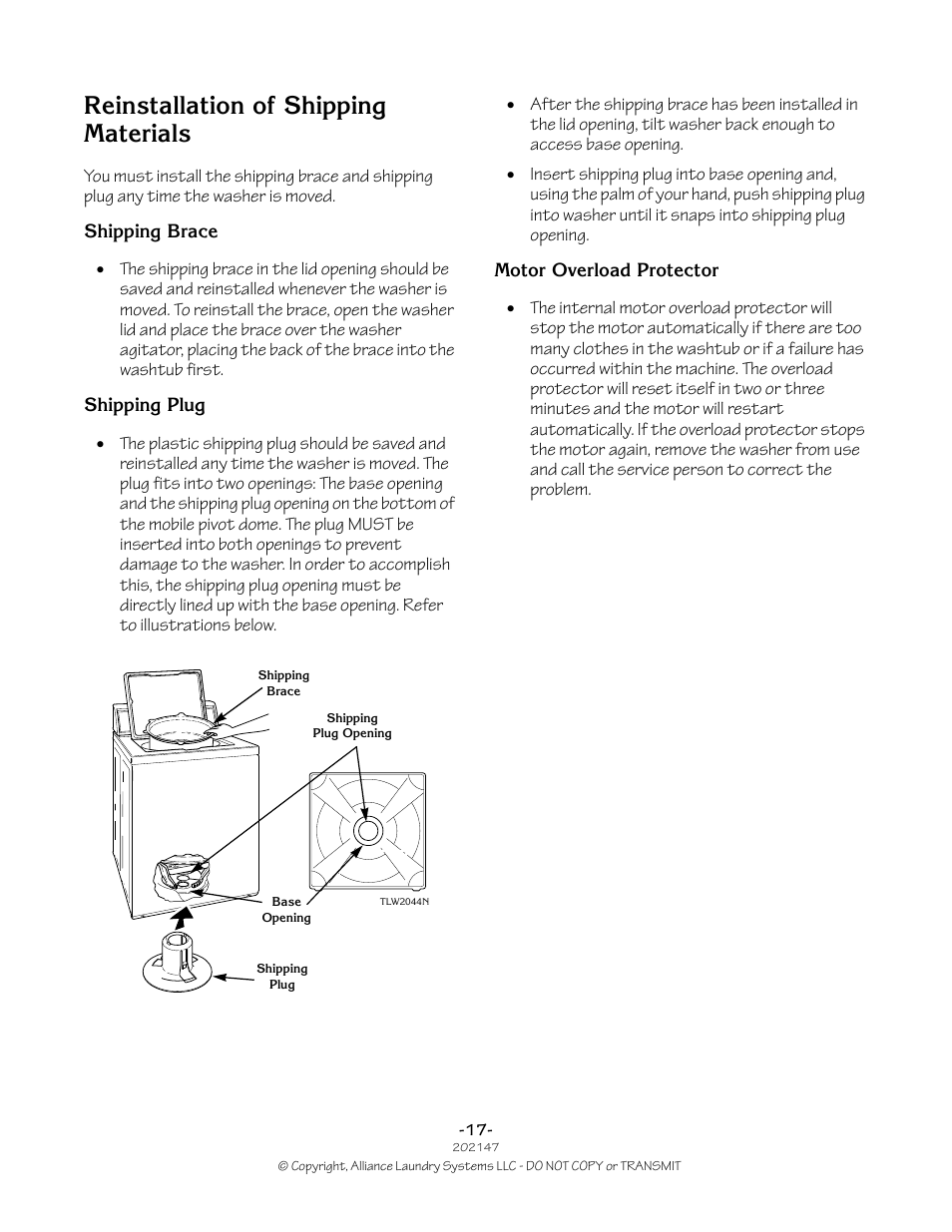 Reinstallation of shipping materials | Speed Queen 202147R2 User Manual | Page 17 / 21