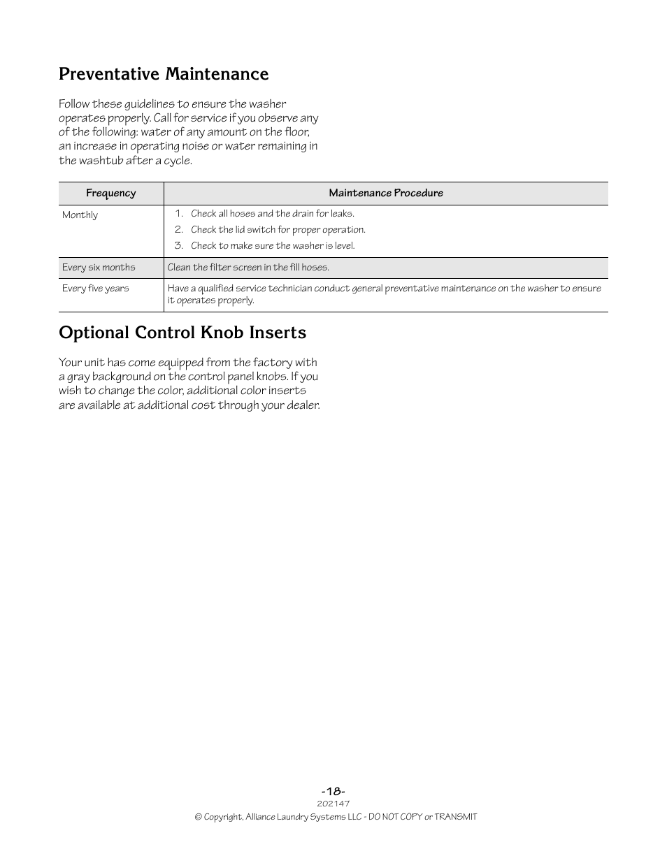 Preventative maintenance, Optional control knob inserts | Speed Queen 202147R2 User Manual | Page 18 / 21