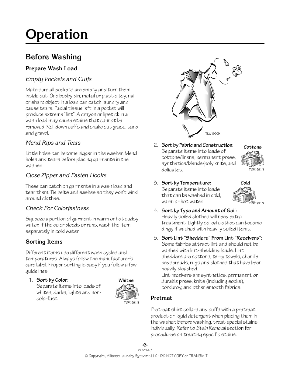 Operation, Before washing | Speed Queen 202147R2 User Manual | Page 6 / 21