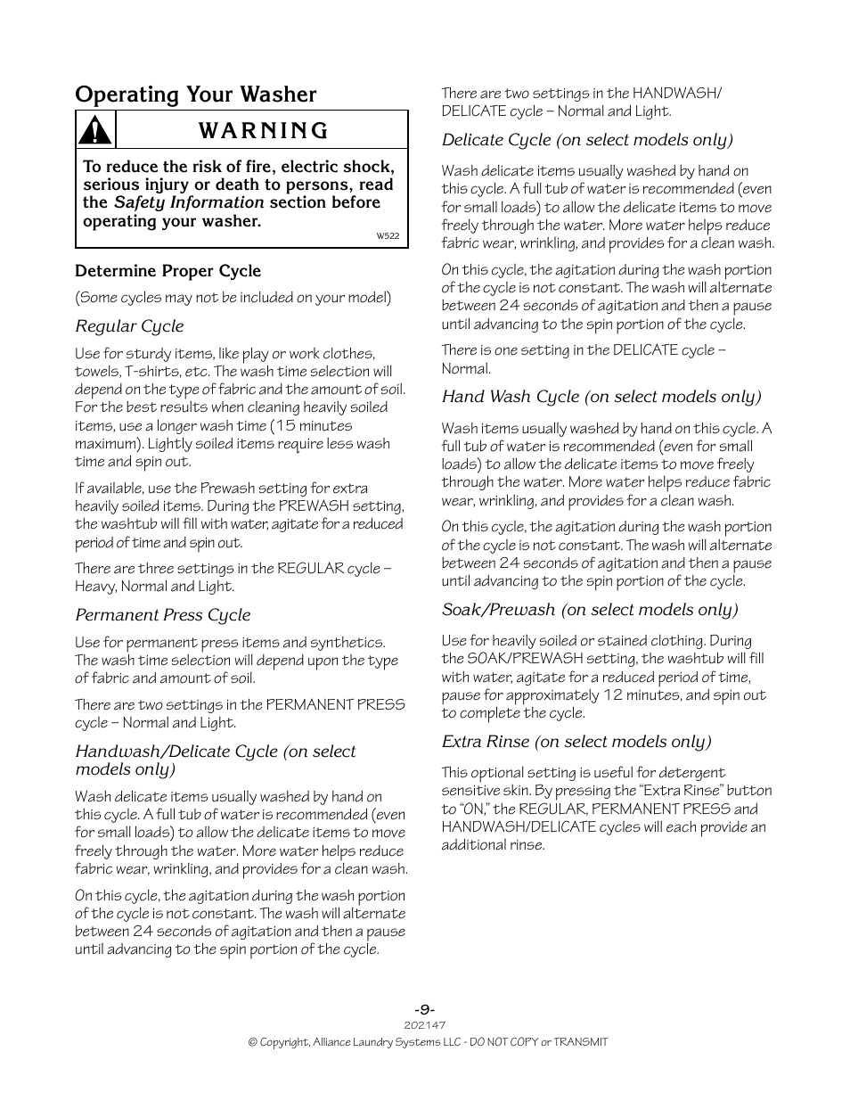 Operating your washer | Speed Queen 202147R2 User Manual | Page 9 / 21