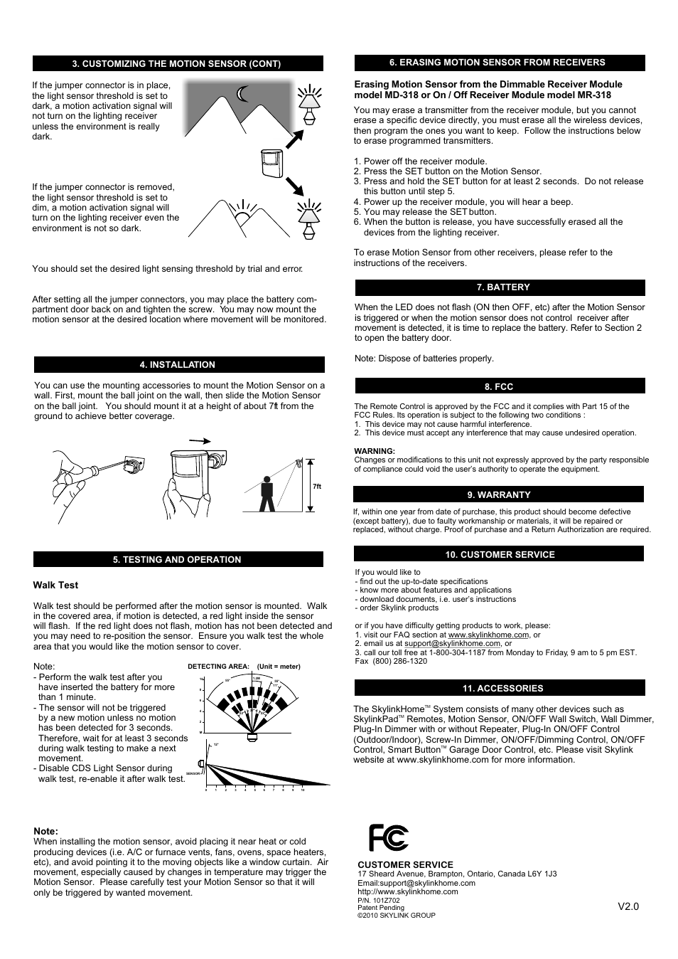 V2.0, Walk test, Testing and operation | Fcc 9. warranty, Customer service, Accessories, Erasing motion sensor from receivers | Skylink ID-318 User Manual | Page 2 / 2