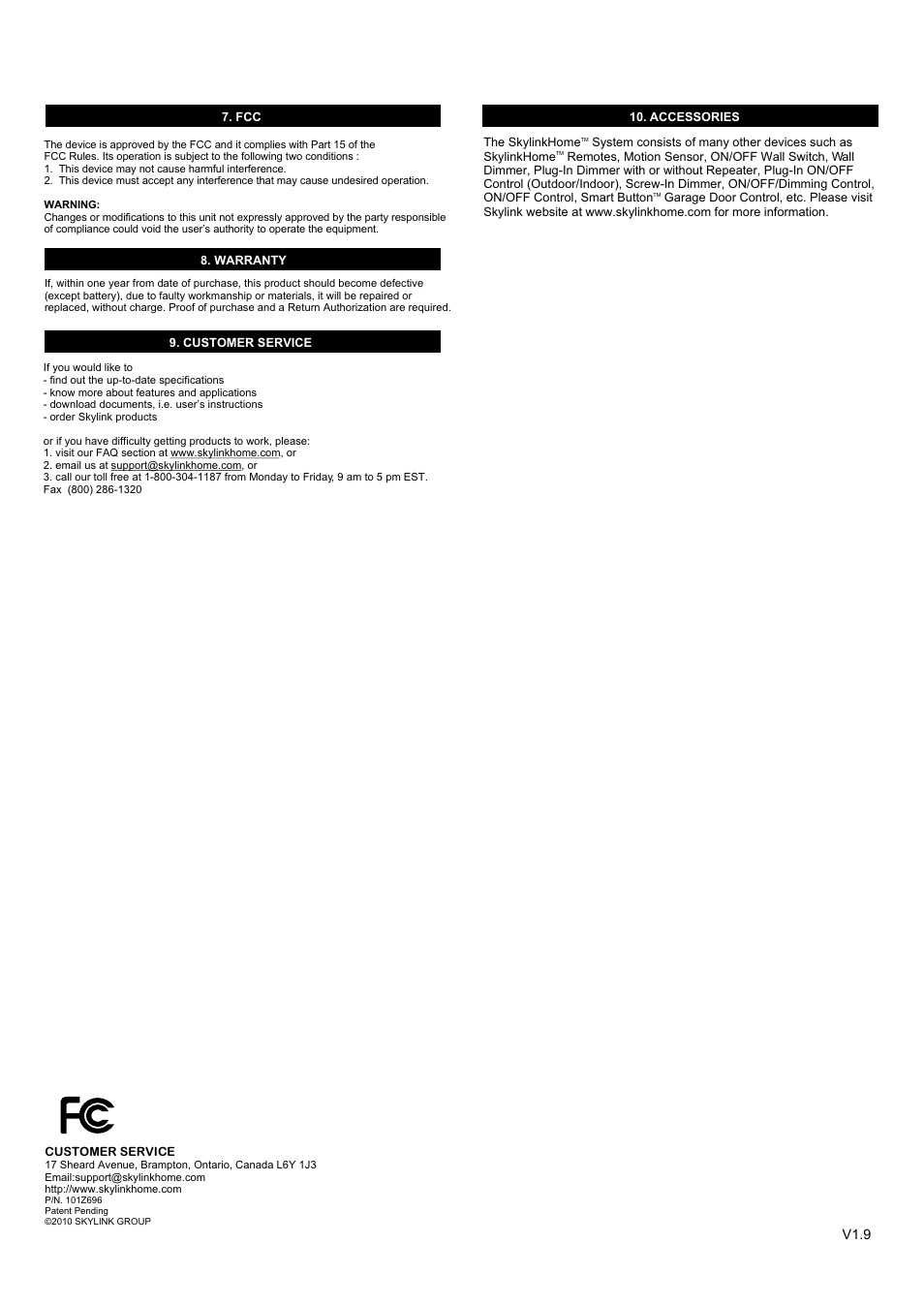 V1.9 | Skylink TC-318-1 User Manual | Page 2 / 2