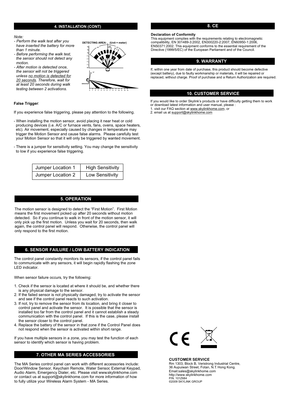Operation, Customer service, Installation (cont) | Skylink PS-103 User Manual | Page 2 / 2