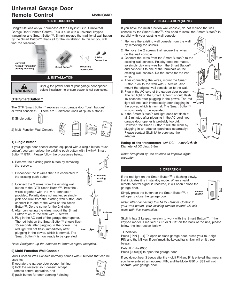 Skylink UNIVERSAL GARAGE DOOR G6KR User Manual | 2 pages