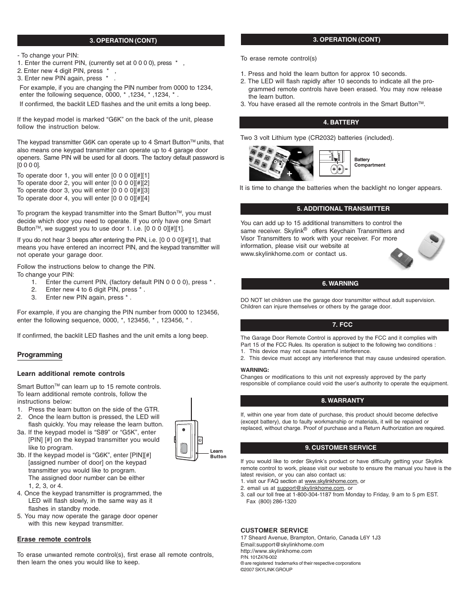 Skylink UNIVERSAL GARAGE DOOR G6KR User Manual | Page 2 / 2