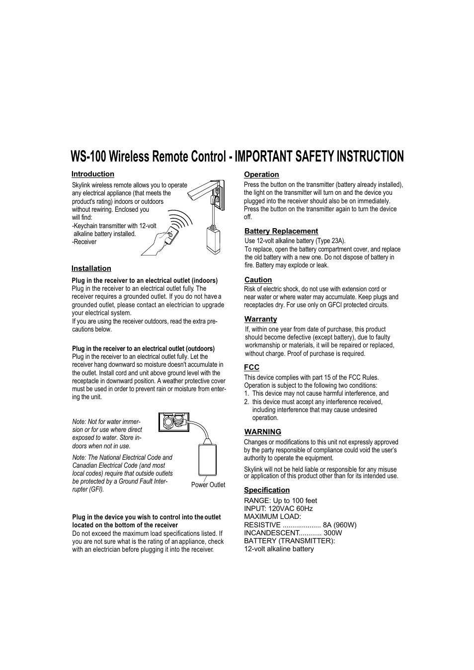 Skylink WS-100 User Manual | 1 page