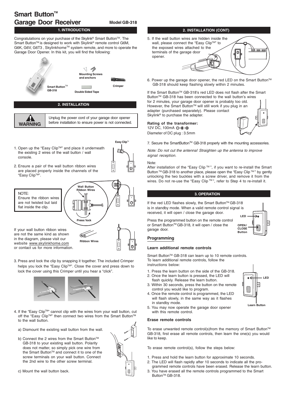 Skylink SMART BUTTON GB-318 User Manual | 2 pages