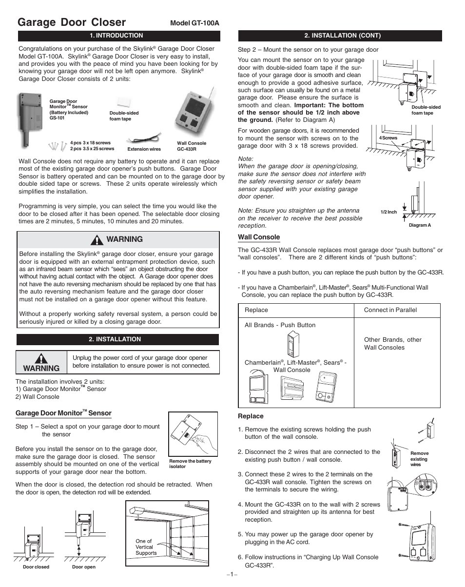 Skylink AGARAGE DOOR CLOSER GT-100A User Manual | 4 pages