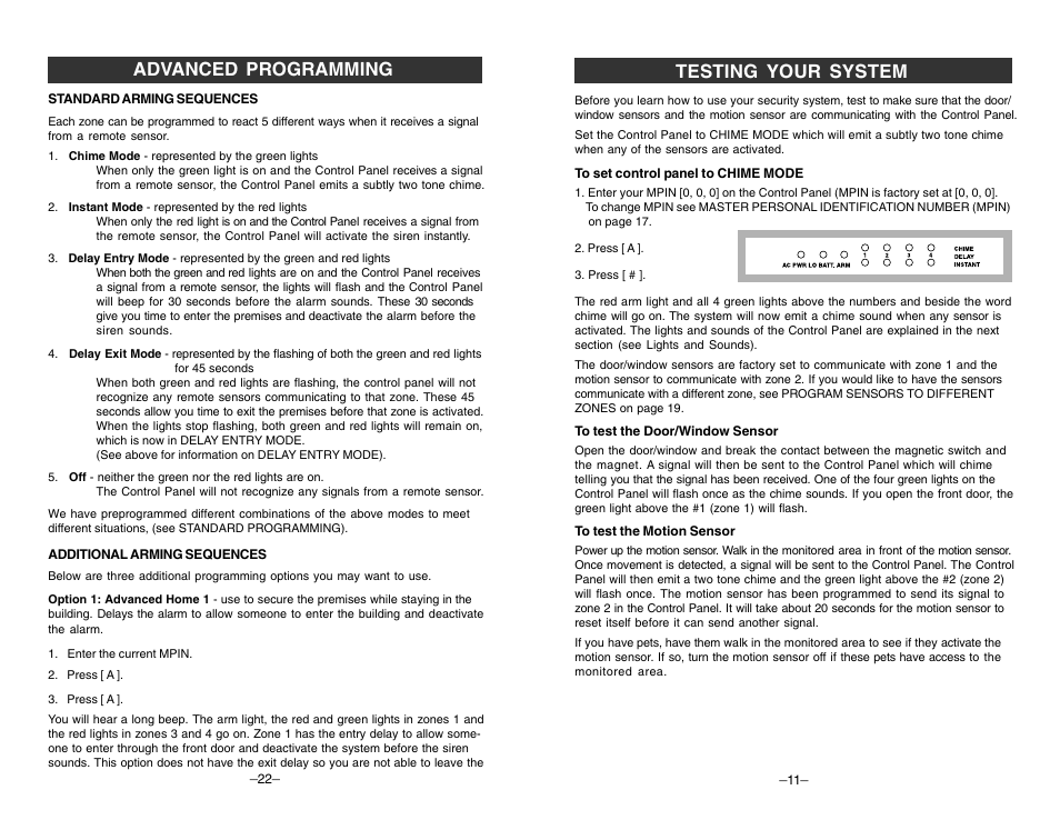Testing your system advanced programming | Skylink TOTAL PROTECTION SC-100 User Manual | Page 11 / 16