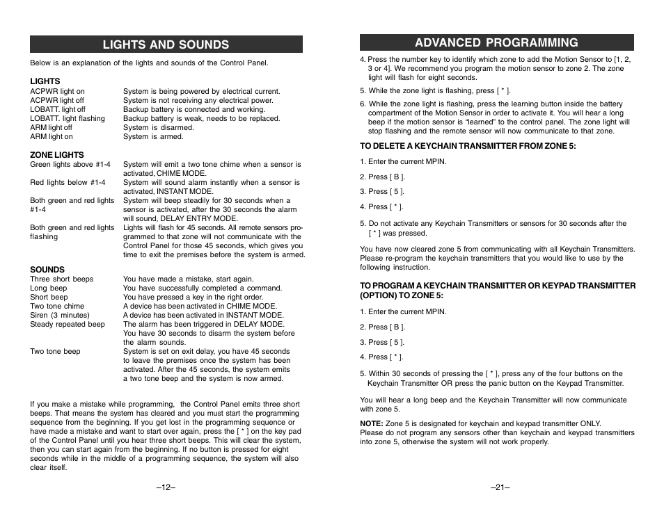 Lights and sounds, Advanced programming | Skylink TOTAL PROTECTION SC-100 User Manual | Page 12 / 16