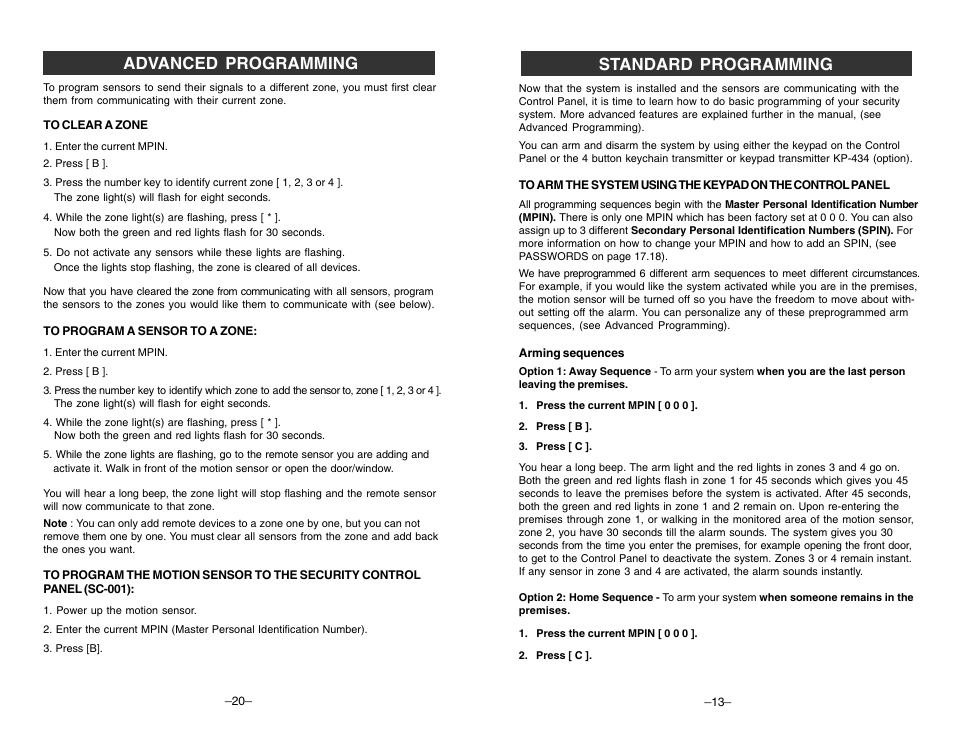 Standard programming advanced programming | Skylink TOTAL PROTECTION SC-100 User Manual | Page 13 / 16